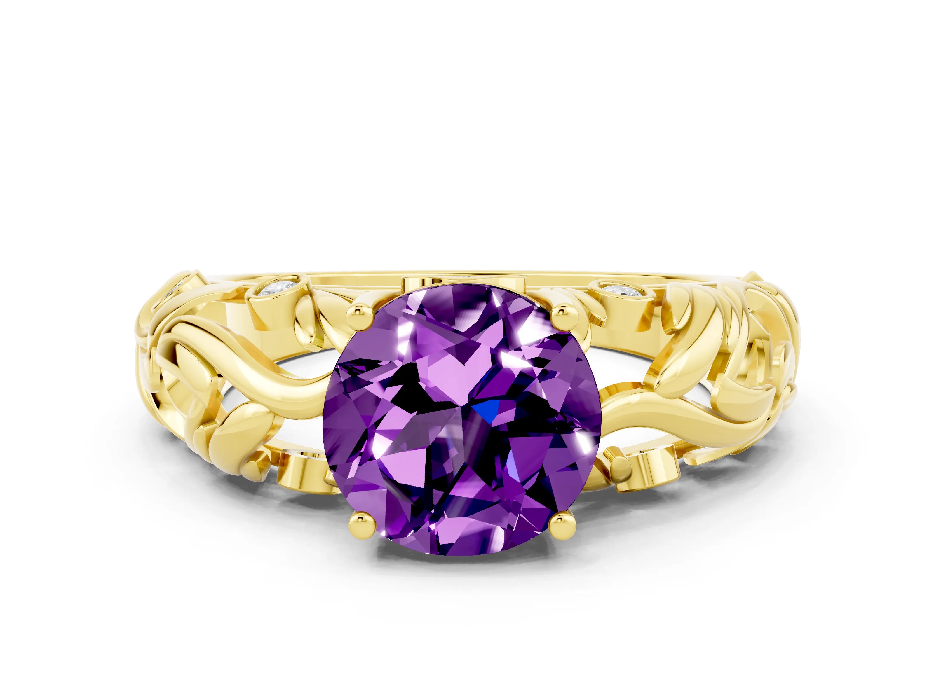 Yellow gold Round Cut Solitaire Amethyst Leaf-Inspired Vine Band Ring with Prong Setting