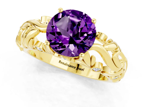 Yellow gold Round Cut Solitaire Amethyst Leaf-Inspired Vine Band Ring with Prong Setting_1