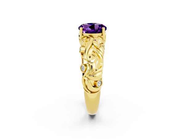 Yellow gold Round Cut Solitaire Amethyst Leaf-Inspired Vine Band Ring with Prong Setting