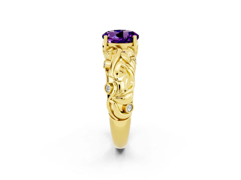 Yellow gold Round Cut Solitaire Amethyst Leaf-Inspired Vine Band Ring with Prong Setting_2
