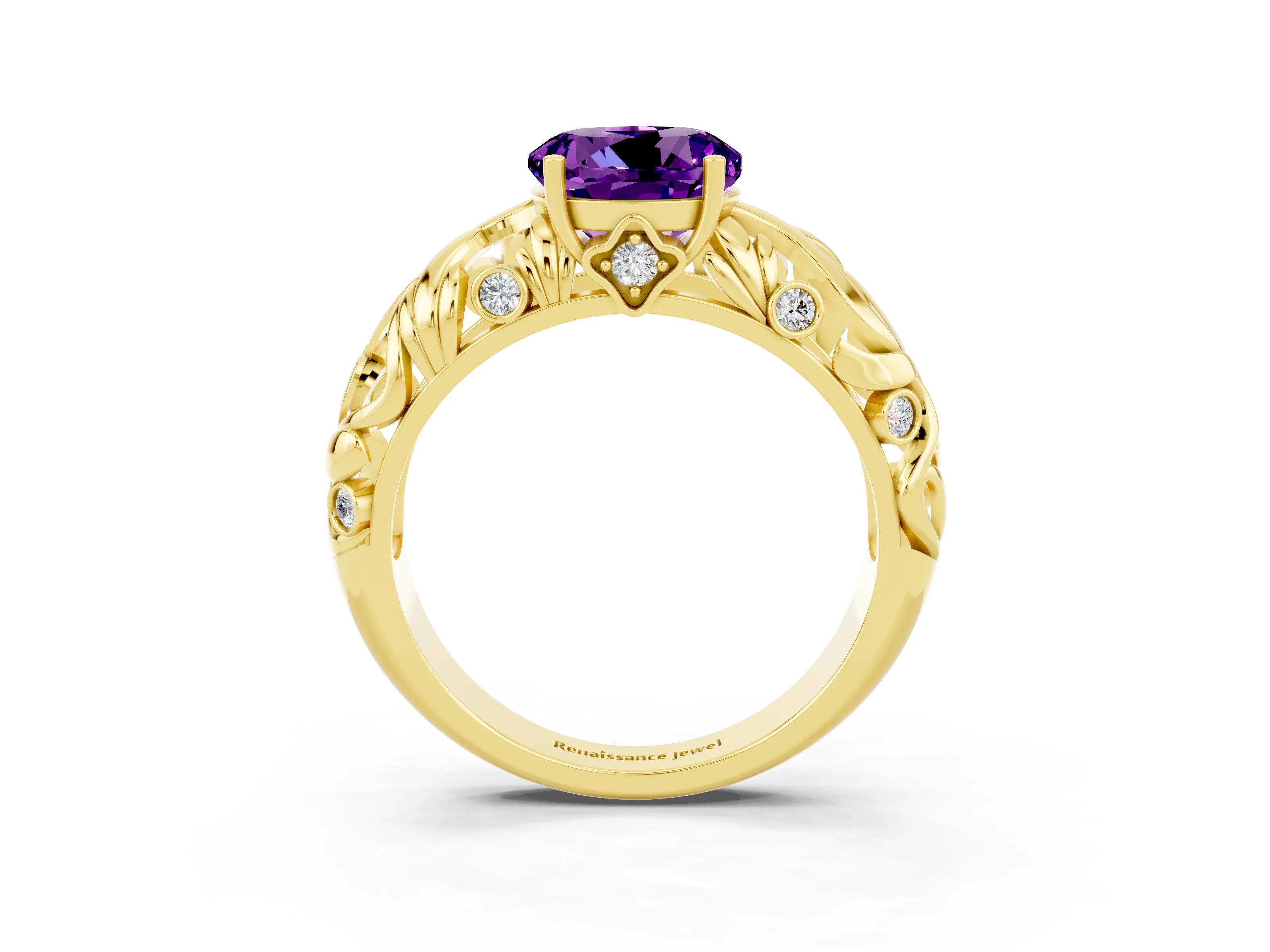 Yellow gold Round Cut Solitaire Amethyst Leaf-Inspired Vine Band Ring with Prong Setting_3