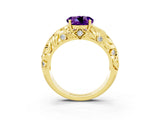 Yellow gold Round Cut Solitaire Amethyst Leaf-Inspired Vine Band Ring with Prong Setting_3