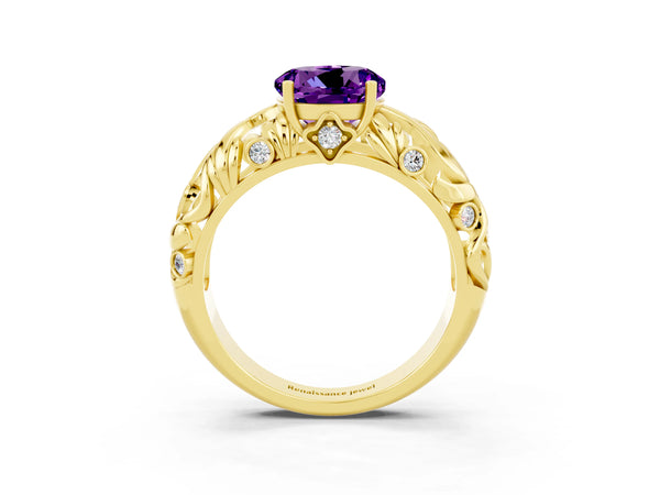 Yellow gold Round Cut Solitaire Amethyst Leaf-Inspired Vine Band Ring with Prong Setting