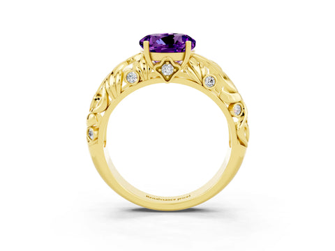 Yellow gold Round Cut Solitaire Amethyst Leaf-Inspired Vine Band Ring with Prong Setting_3