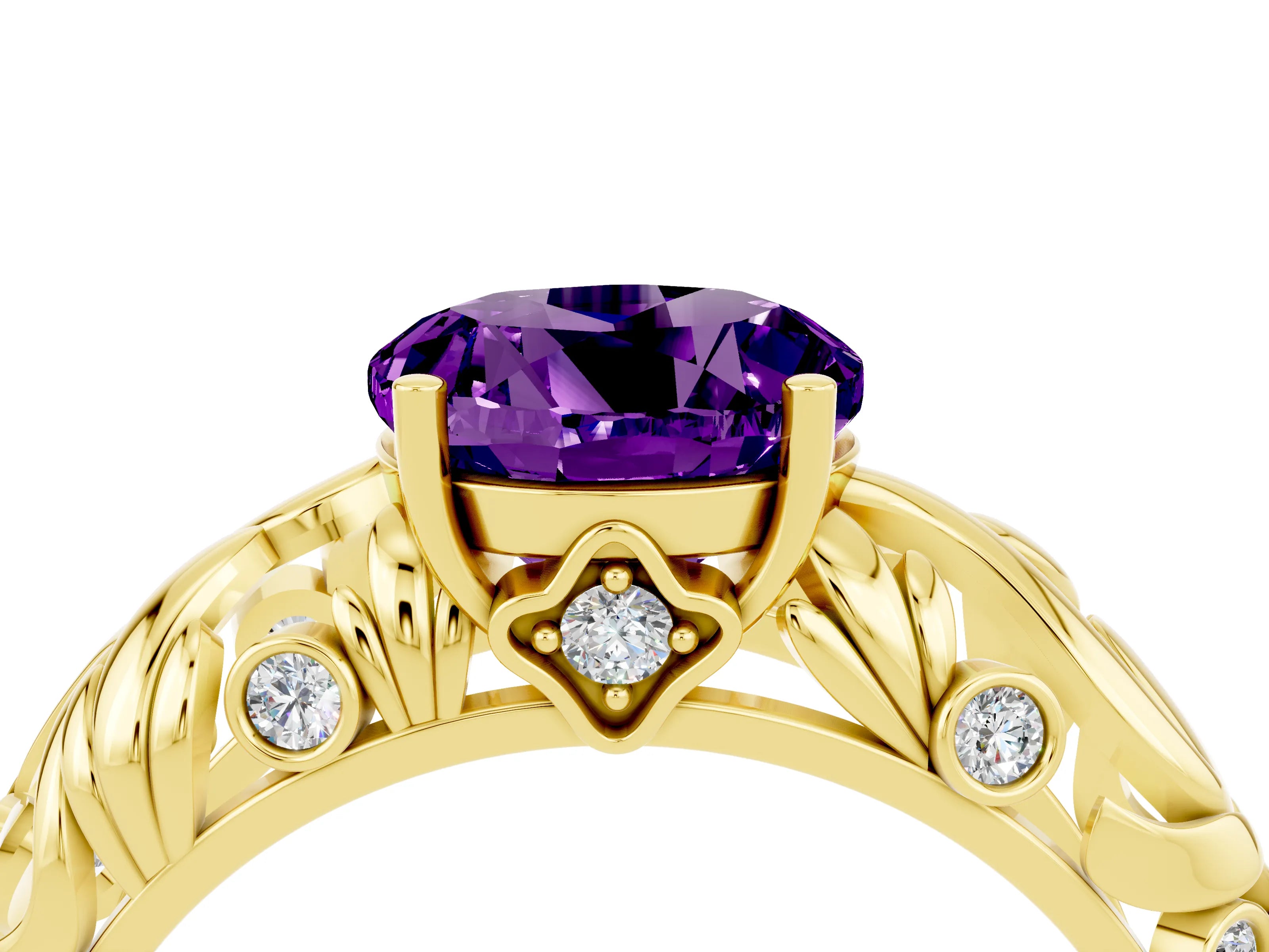 Yellow gold Round Cut Solitaire Amethyst Leaf-Inspired Vine Band Ring with Prong Setting_4