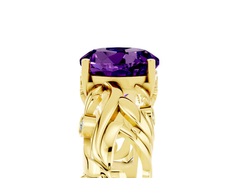 Yellow gold Round Cut Solitaire Amethyst Leaf-Inspired Vine Band Ring with Prong Setting_5