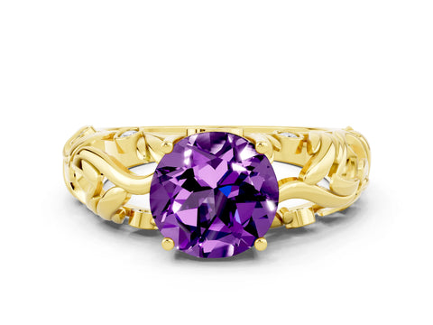 Yellow gold Round Cut Solitaire Amethyst Leaf-Inspired Vine Band Ring with Prong Setting