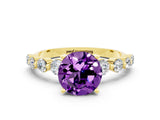 Yellow gold Round Cut Solitaire Amethyst Ring with Pave Band and Four-Prong Setting
