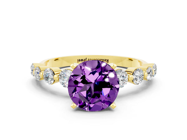 Yellow gold Round Cut Solitaire Amethyst Ring with Pave Band and Four-Prong Setting