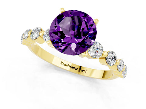 Yellow gold Round Cut Solitaire Amethyst Ring with Pave Band and Four-Prong Setting_1