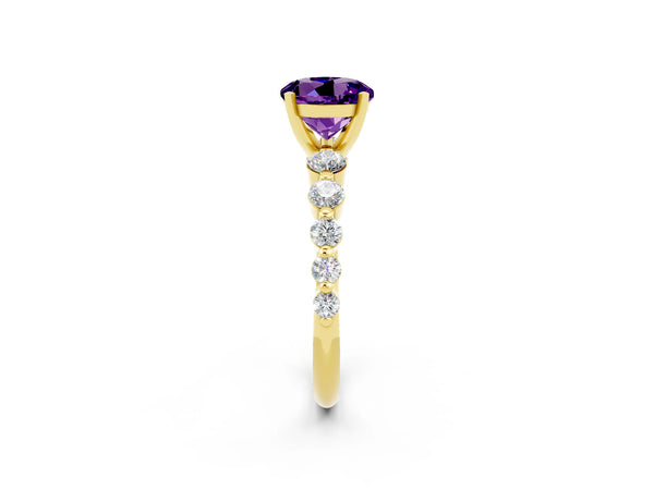 Yellow gold Round Cut Solitaire Amethyst Ring with Pave Band and Four-Prong Setting