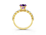 Yellow gold Round Cut Solitaire Amethyst Ring with Pave Band and Four-Prong Setting_3