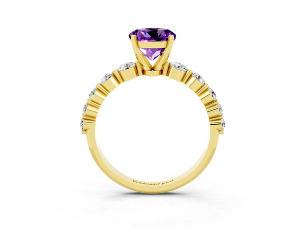 Yellow gold Round Cut Solitaire Amethyst Ring with Pave Band and Four-Prong Setting