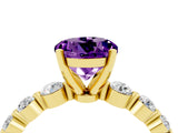 Yellow gold Round Cut Solitaire Amethyst Ring with Pave Band and Four-Prong Setting_4