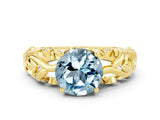 Yellow gold Round Cut Solitaire Aquamarine Leaf-Inspired Vine Band Ring with Prong Setting