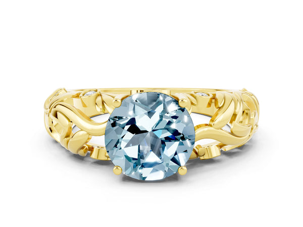 Yellow gold Round Cut Solitaire Aquamarine Leaf-Inspired Vine Band Ring with Prong Setting