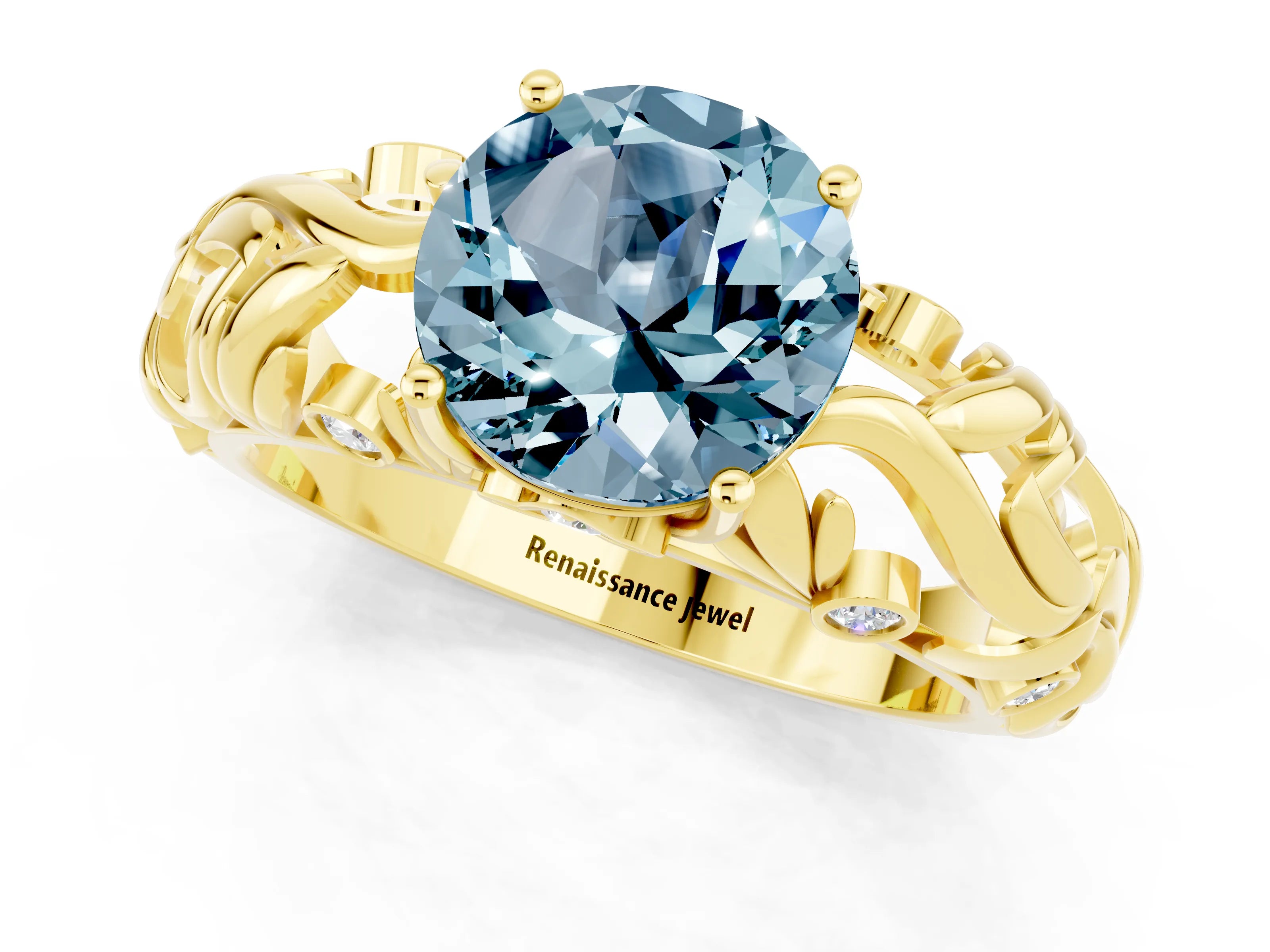 Yellow gold Round Cut Solitaire Aquamarine Leaf-Inspired Vine Band Ring with Prong Setting_1
