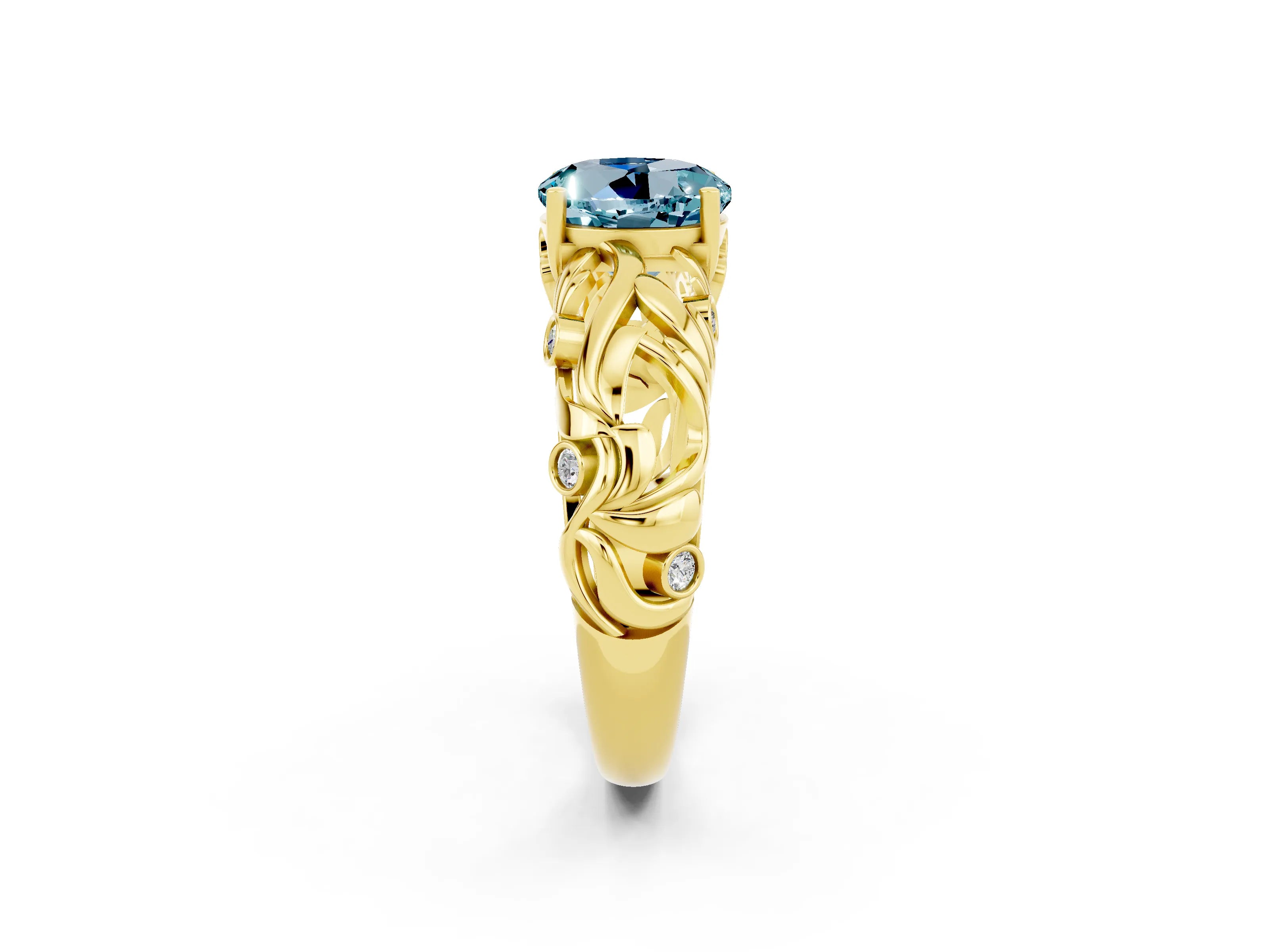 Yellow gold Round Cut Solitaire Aquamarine Leaf-Inspired Vine Band Ring with Prong Setting_2