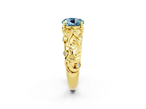 Yellow gold Round Cut Solitaire Aquamarine Leaf-Inspired Vine Band Ring with Prong Setting