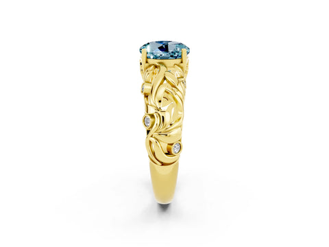 Yellow gold Round Cut Solitaire Aquamarine Leaf-Inspired Vine Band Ring with Prong Setting_2