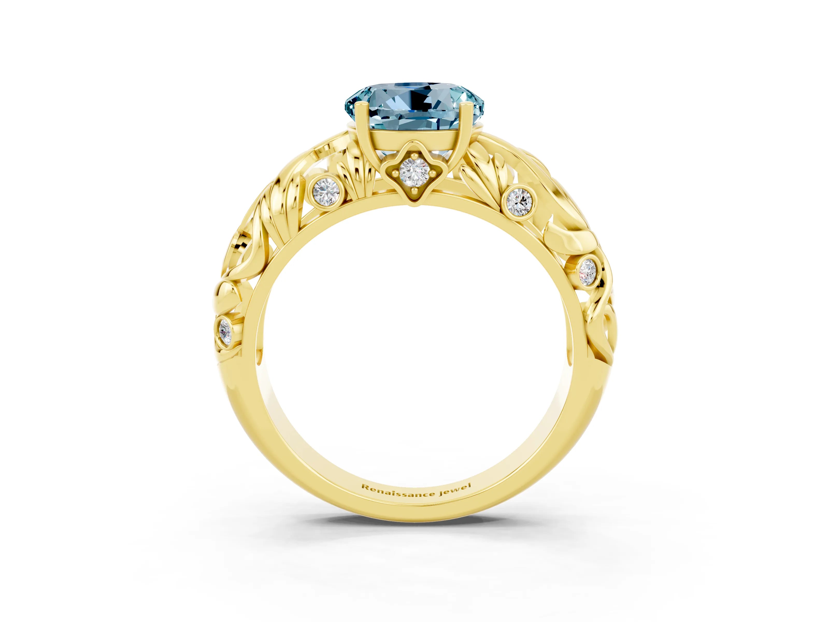 Yellow gold Round Cut Solitaire Aquamarine Leaf-Inspired Vine Band Ring with Prong Setting_3