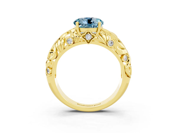 Yellow gold Round Cut Solitaire Aquamarine Leaf-Inspired Vine Band Ring with Prong Setting