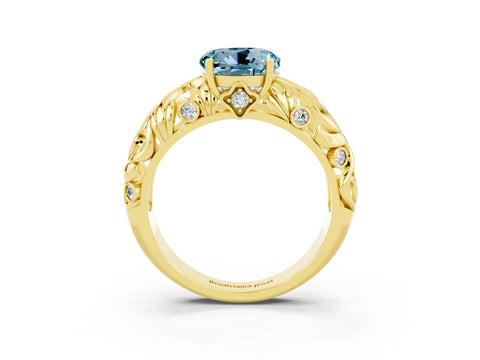 Yellow gold Round Cut Solitaire Aquamarine Leaf-Inspired Vine Band Ring with Prong Setting_3