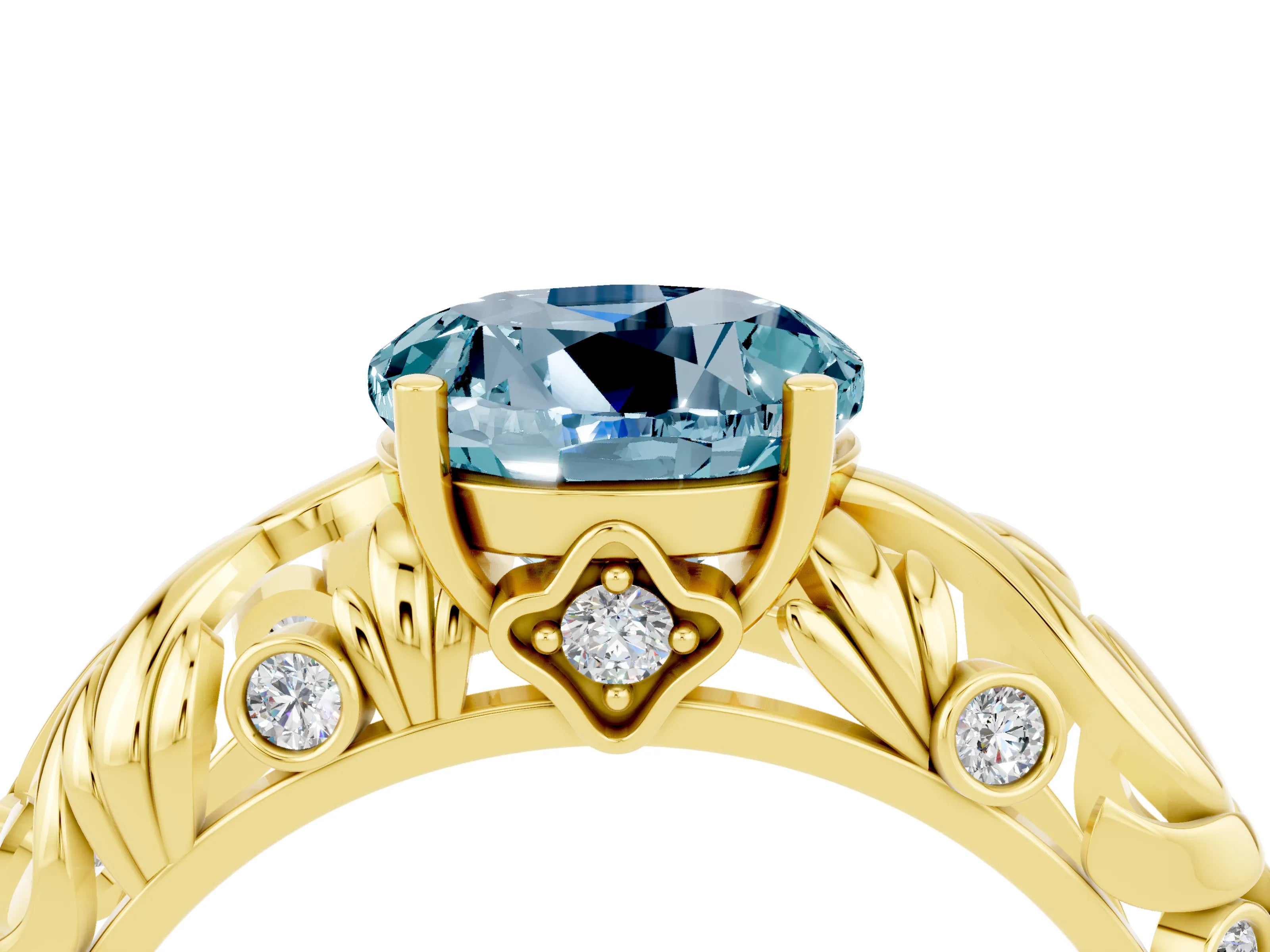 Yellow gold Round Cut Solitaire Aquamarine Leaf-Inspired Vine Band Ring with Prong Setting_4