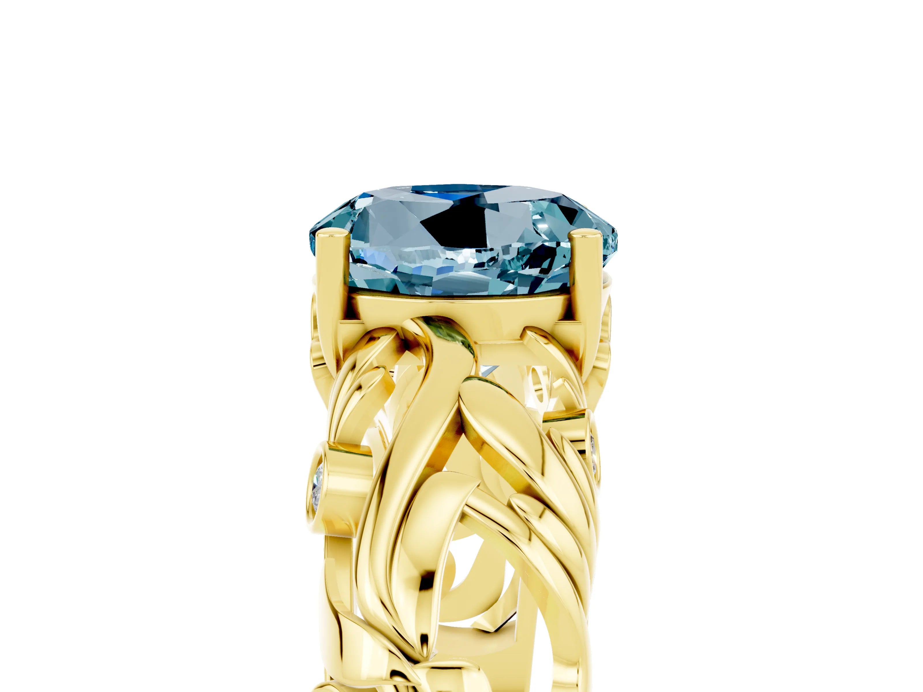Yellow gold Round Cut Solitaire Aquamarine Leaf-Inspired Vine Band Ring with Prong Setting_5