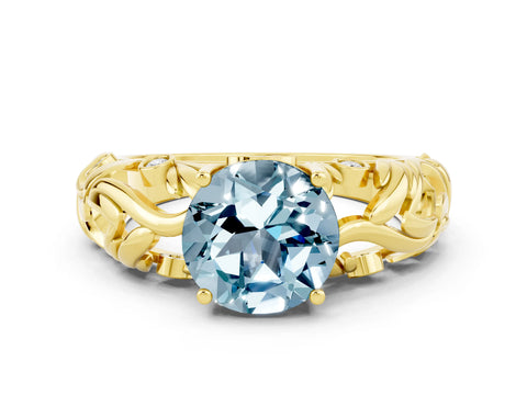 Yellow gold Round Cut Solitaire Aquamarine Leaf-Inspired Vine Band Ring with Prong Setting