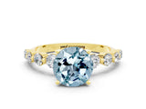 Yellow gold Round Cut Solitaire Aquamarine Ring with Pave Band and Four-Prong Setting
