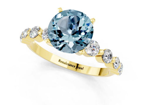 Yellow gold Round Cut Solitaire Aquamarine Ring with Pave Band and Four-Prong Setting_1
