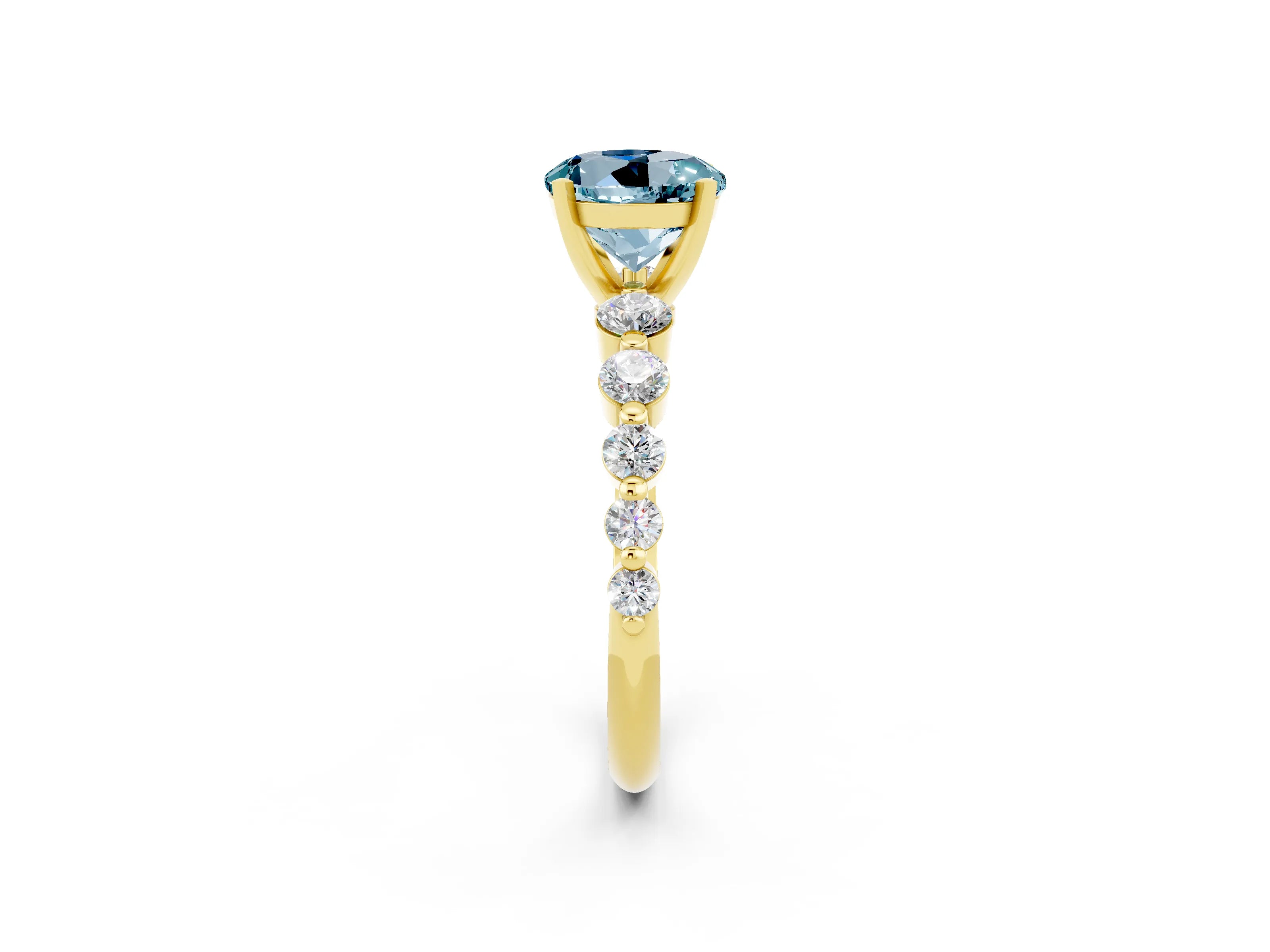 Yellow gold Round Cut Solitaire Aquamarine Ring with Pave Band and Four-Prong Setting_2