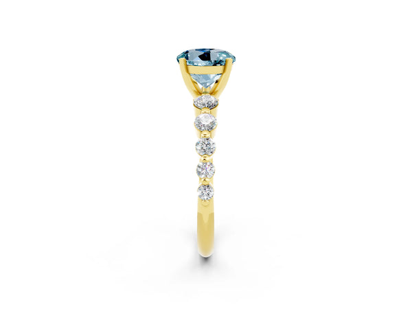 Yellow gold Round Cut Solitaire Aquamarine Ring with Pave Band and Four-Prong Setting