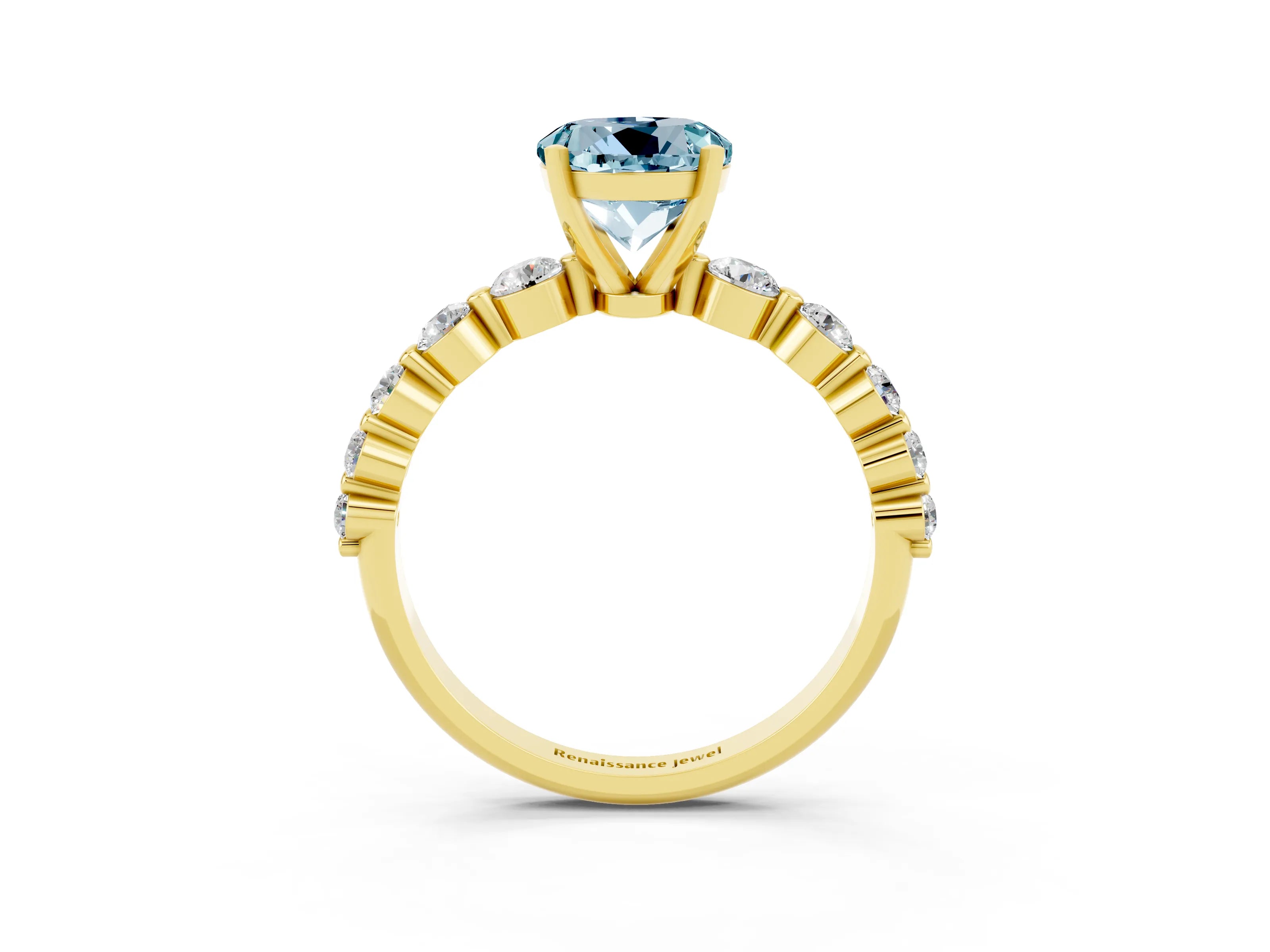 Yellow gold Round Cut Solitaire Aquamarine Ring with Pave Band and Four-Prong Setting_3