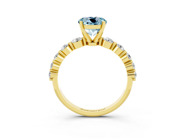 Yellow gold Round Cut Solitaire Aquamarine Ring with Pave Band and Four-Prong Setting
