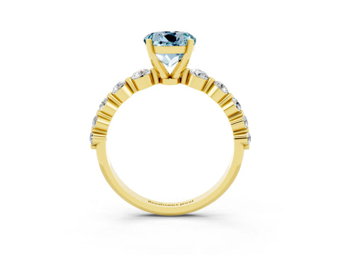 Yellow gold Round Cut Solitaire Aquamarine Ring with Pave Band and Four-Prong Setting_3