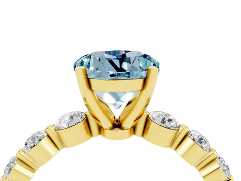 Yellow gold Round Cut Solitaire Aquamarine Ring with Pave Band and Four-Prong Setting_4