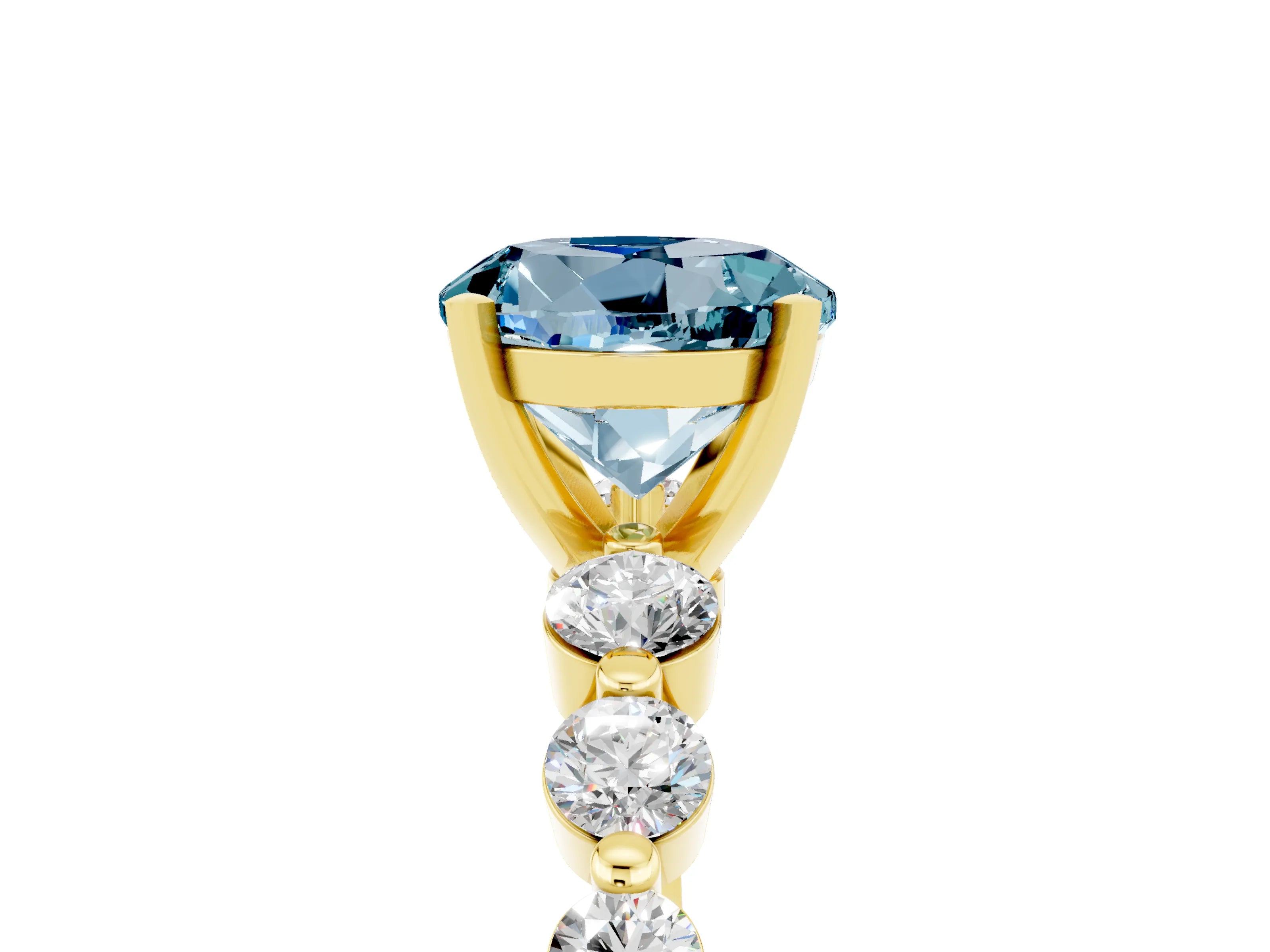 Yellow gold Round Cut Solitaire Aquamarine Ring with Pave Band and Four-Prong Setting_5