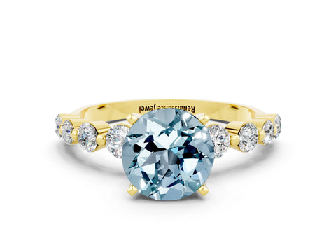 Yellow gold Round Cut Solitaire Aquamarine Ring with Pave Band and Four-Prong Setting