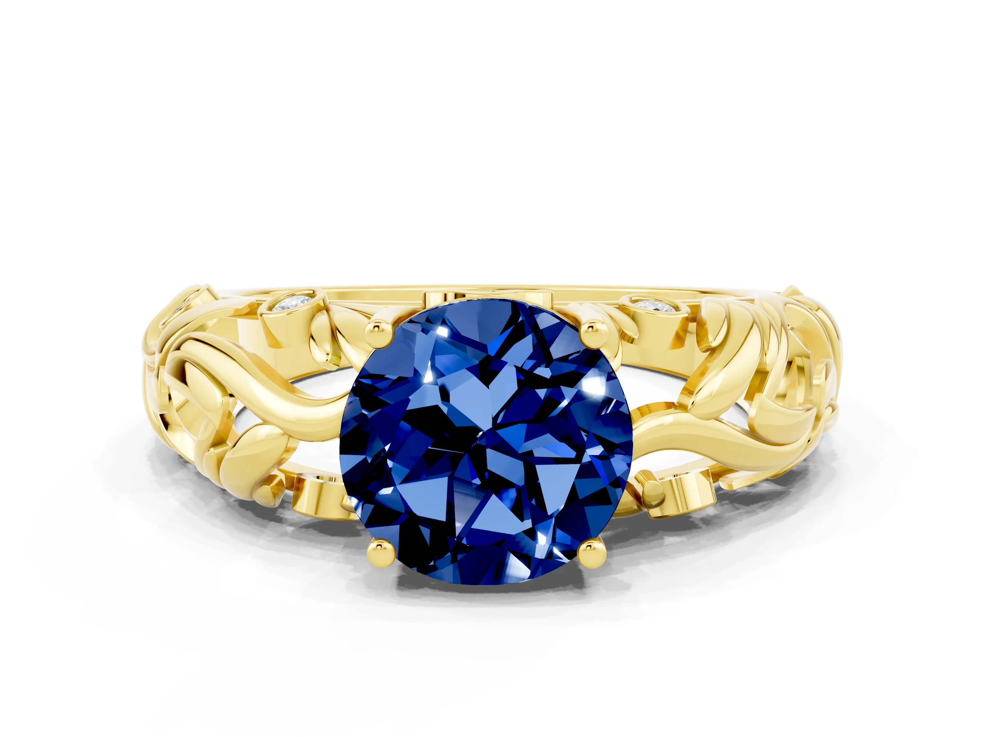 Yellow gold Round Cut Solitaire Blue Sapphire Leaf-Inspired Vine Band Ring with Prong Setting