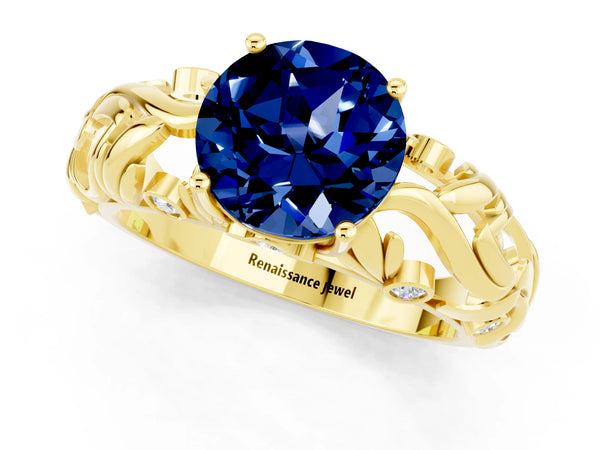 Yellow gold Round Cut Solitaire Blue Sapphire Leaf-Inspired Vine Band Ring with Prong Setting