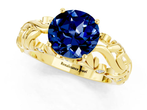 Yellow gold Round Cut Solitaire Blue Sapphire Leaf-Inspired Vine Band Ring with Prong Setting_1