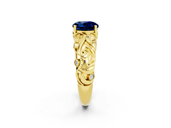 Yellow gold Round Cut Solitaire Blue Sapphire Leaf-Inspired Vine Band Ring with Prong Setting