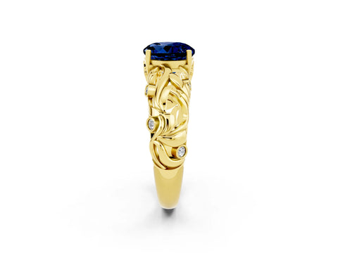 Yellow gold Round Cut Solitaire Blue Sapphire Leaf-Inspired Vine Band Ring with Prong Setting_2