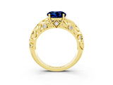 Yellow gold Round Cut Solitaire Blue Sapphire Leaf-Inspired Vine Band Ring with Prong Setting_3
