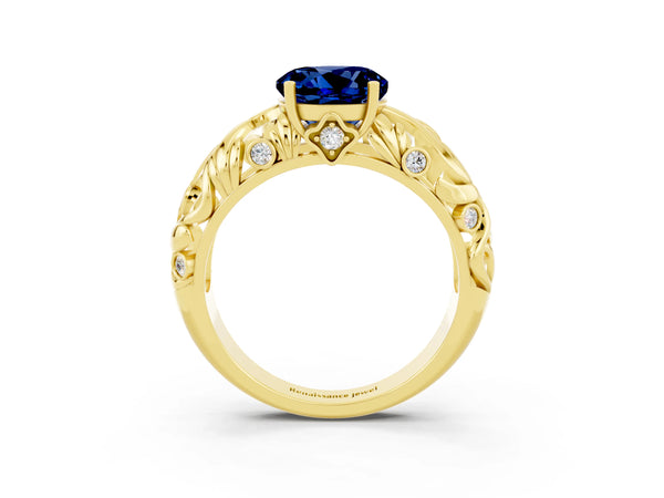 Yellow gold Round Cut Solitaire Blue Sapphire Leaf-Inspired Vine Band Ring with Prong Setting