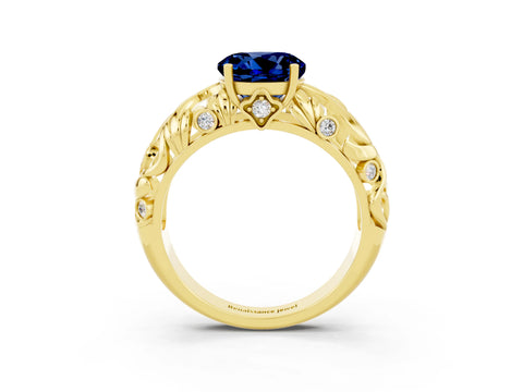 Yellow gold Round Cut Solitaire Blue Sapphire Leaf-Inspired Vine Band Ring with Prong Setting_3