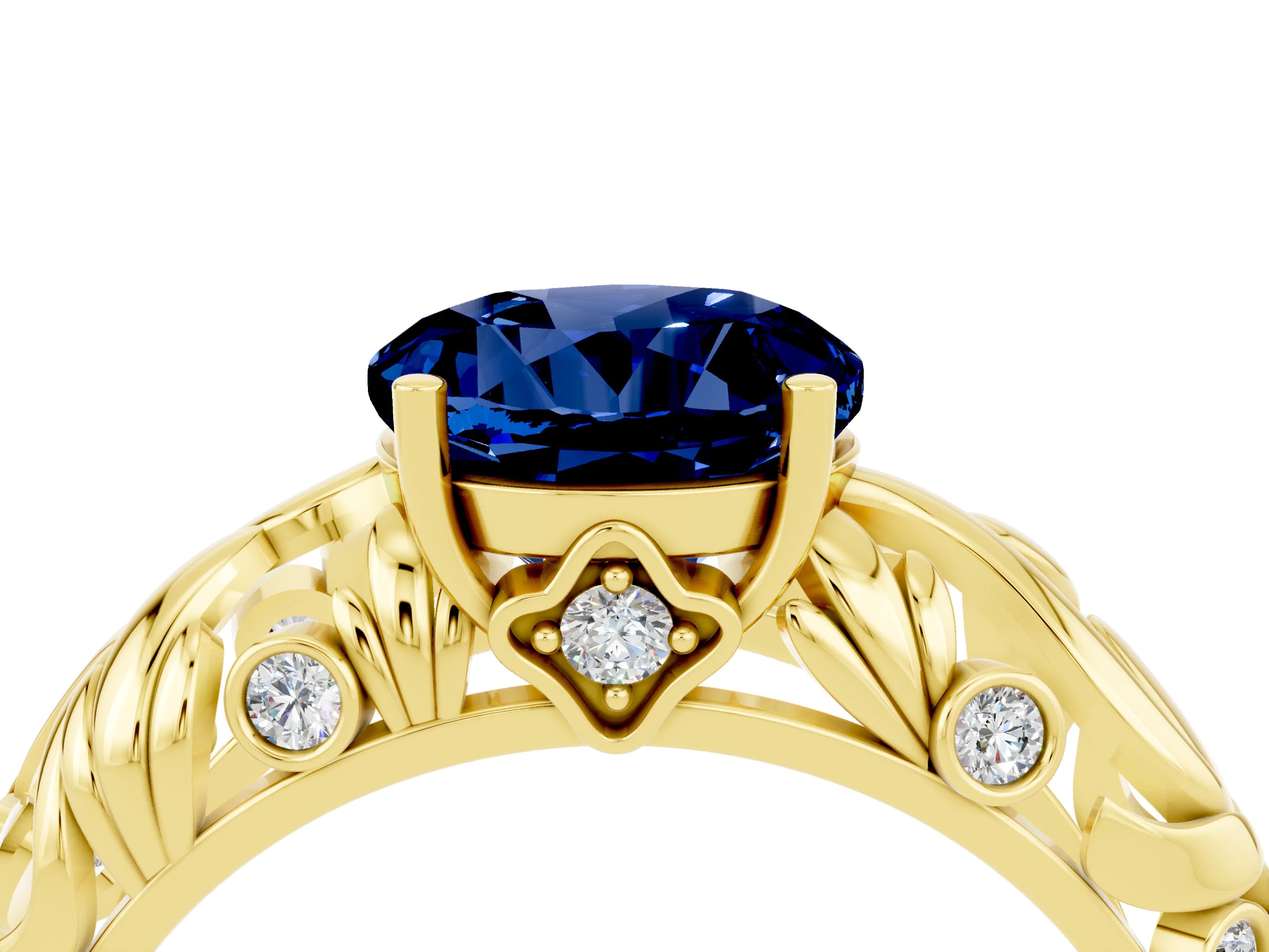 Yellow gold Round Cut Solitaire Blue Sapphire Leaf-Inspired Vine Band Ring with Prong Setting_4