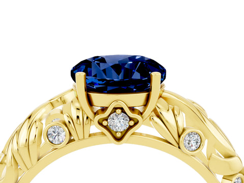 Yellow gold Round Cut Solitaire Blue Sapphire Leaf-Inspired Vine Band Ring with Prong Setting_4